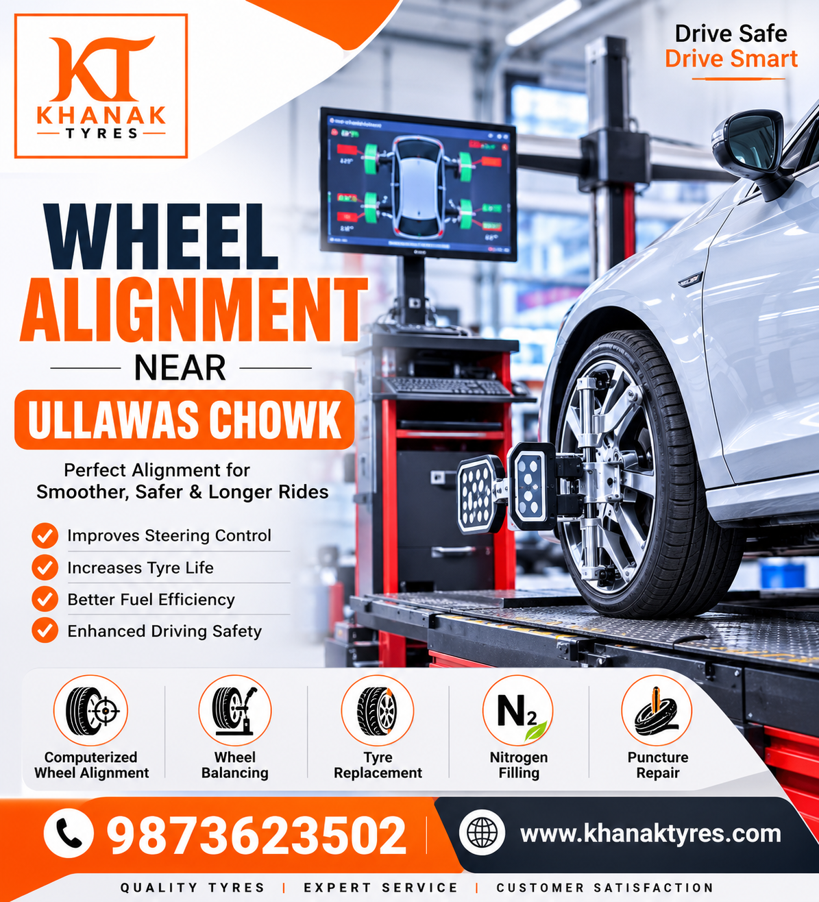 Wheel alignment being performed on a car at Khanak Tyres